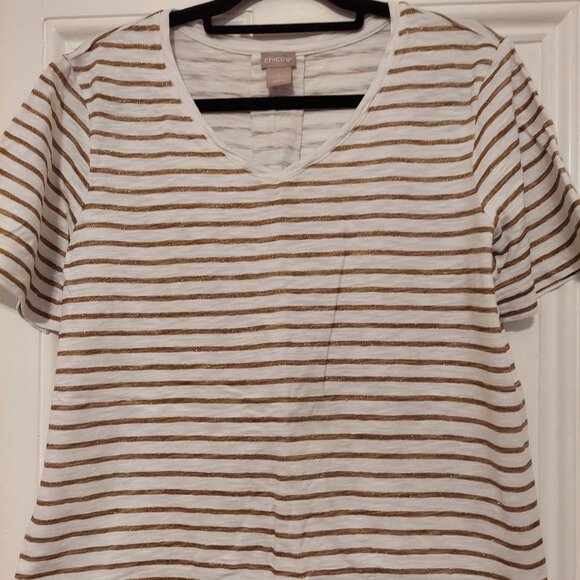 Chico's White V Neck Short Sleeve Tee w/ Gold Metallic Stripes size 2 (12/14) - Picture 1 of 1